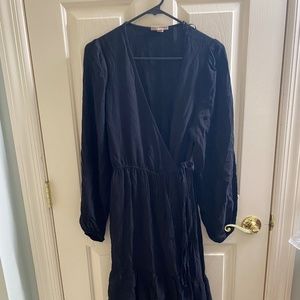 Knox Rose Women's Wrap Dress Black Long Sleeve Ruffle Skirt Maxi Size S